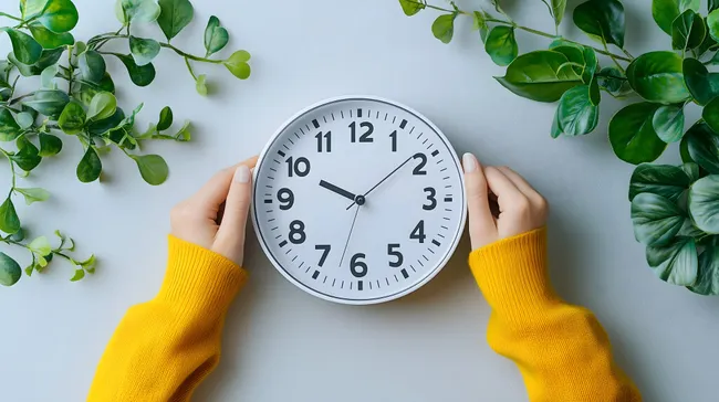 Wanduhr und frisches Grün - Zeitmanagement in der Natur