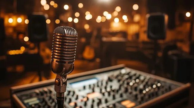 Warmes Licht, klassisches Studiomikrofon und Mischpult