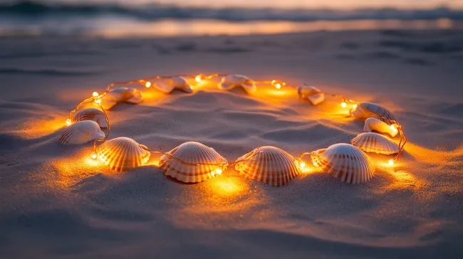 Warmes, stimmungsvolles Muschel-Arrangement am Strand