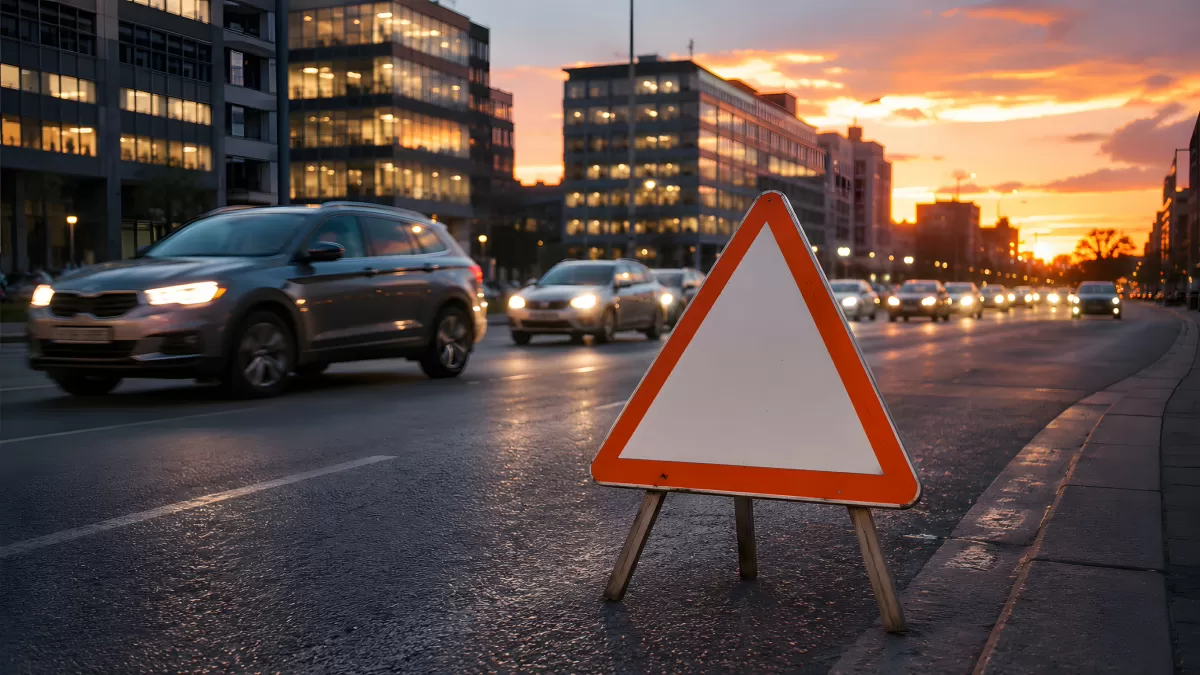 Warndreieck auf nasser Stadtstraße im Abendlicht