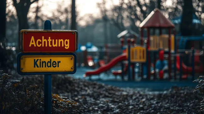 Warnschild für Kinder am Spielplatz in der Dämmerung