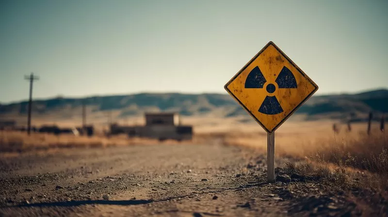 Warnschild vor Atombombe in toter Einöde