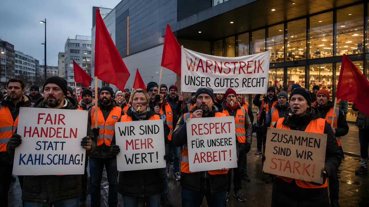 Warnstreik in Deutschland mit Transparenten und roten Fahnen