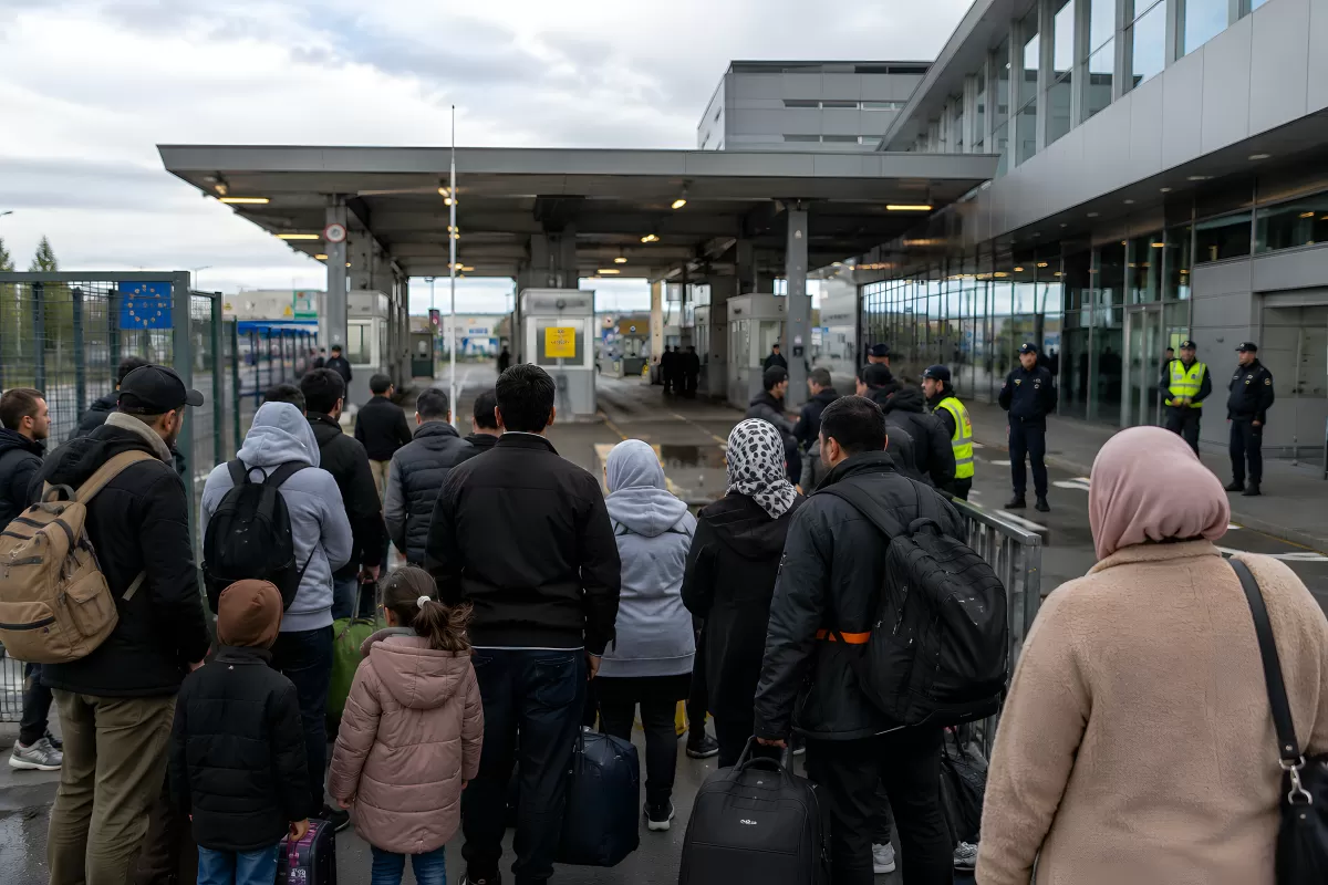 Wartende Menschen an einem Grenzübergang in Europa