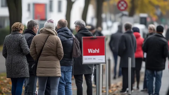 Wartende Wähler an Wahlkabinen an einem Herbsttag