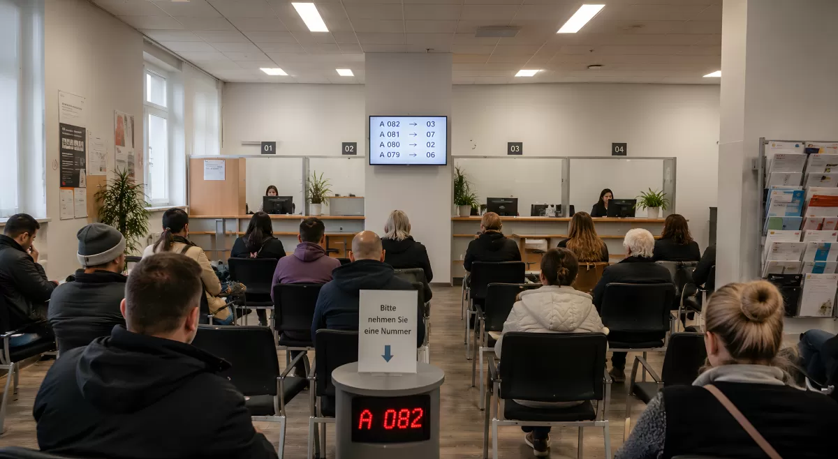 Wartesaal einer deutschen Behörde mit Nummernsystem