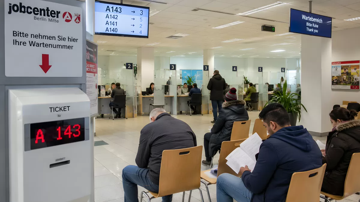 Wartesaal im Jobcenter Berlin Mitte mit Ticketsystem