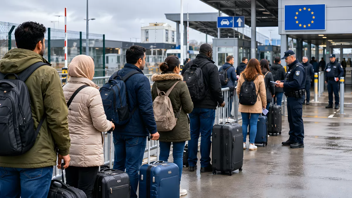 Warteschlange an EU-Grenzübergang mit Reisenden