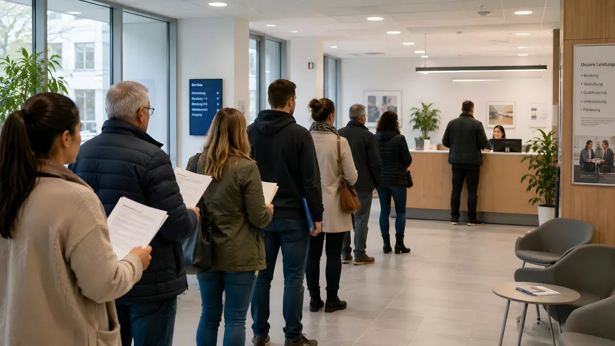 Warteschlange im Jobcenter – Bürger mit Dokumenten