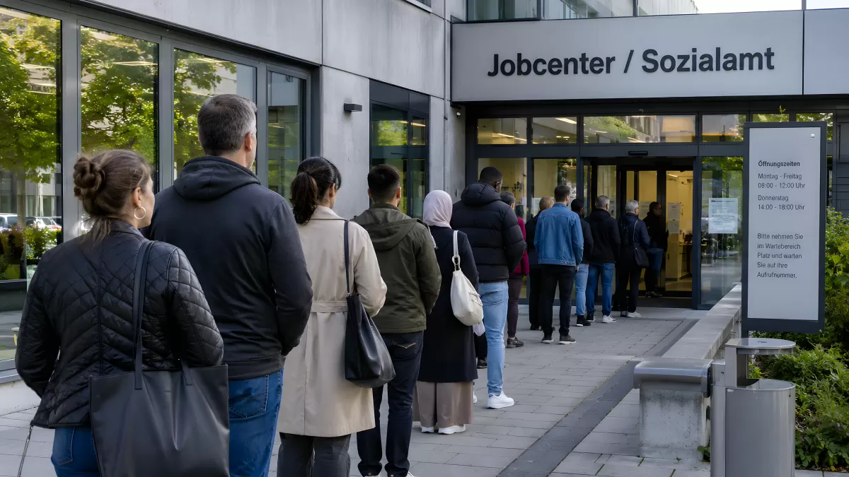 Warteschlange vor deutschem Jobcenter und Sozialamt