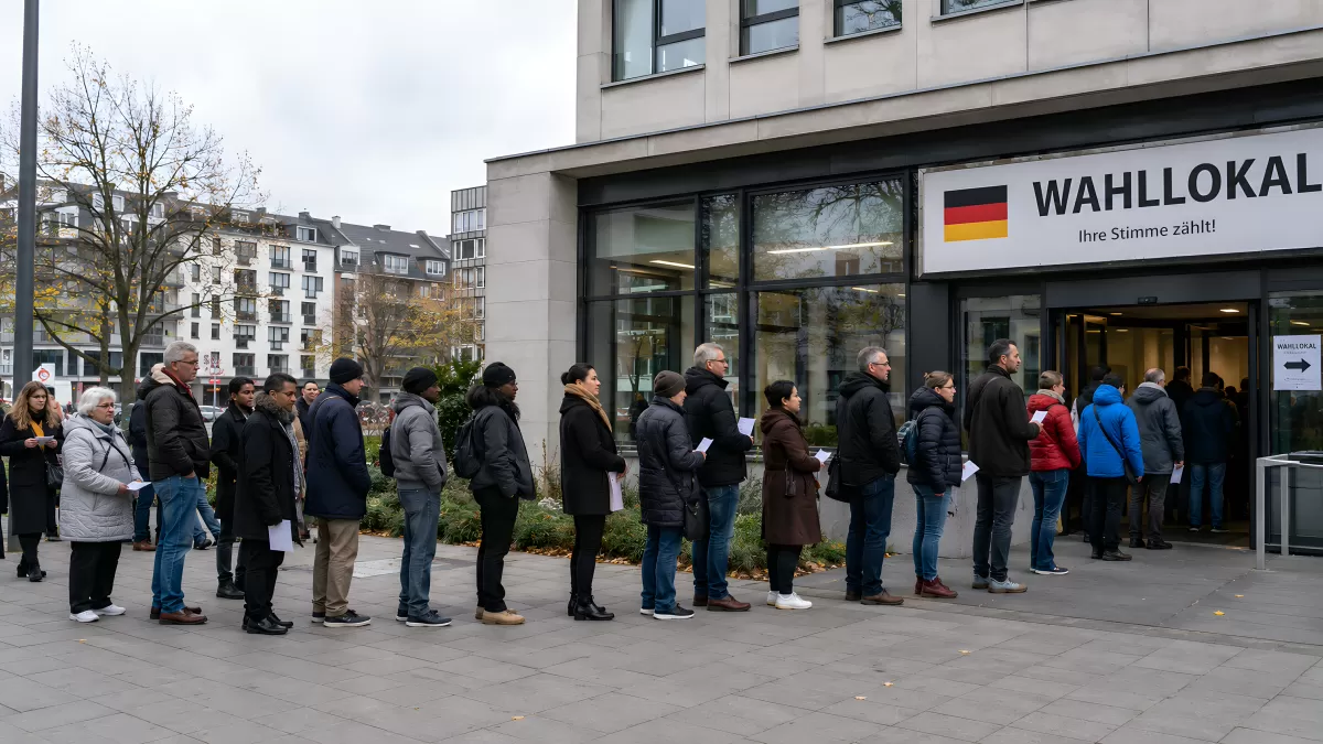 Warteschlange vor deutschem Wahllokal am Wahltag