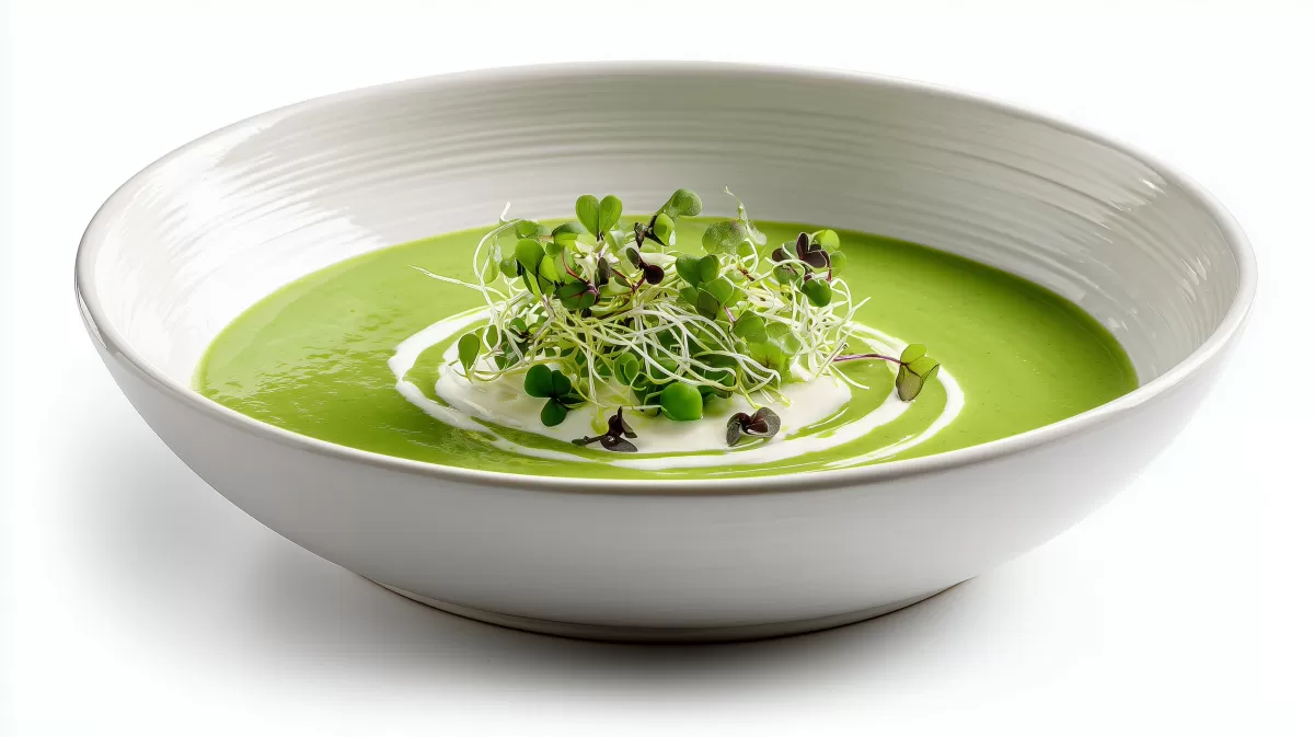 Wasabi Erbsensuppe mit Crème fraîche und Microgreens