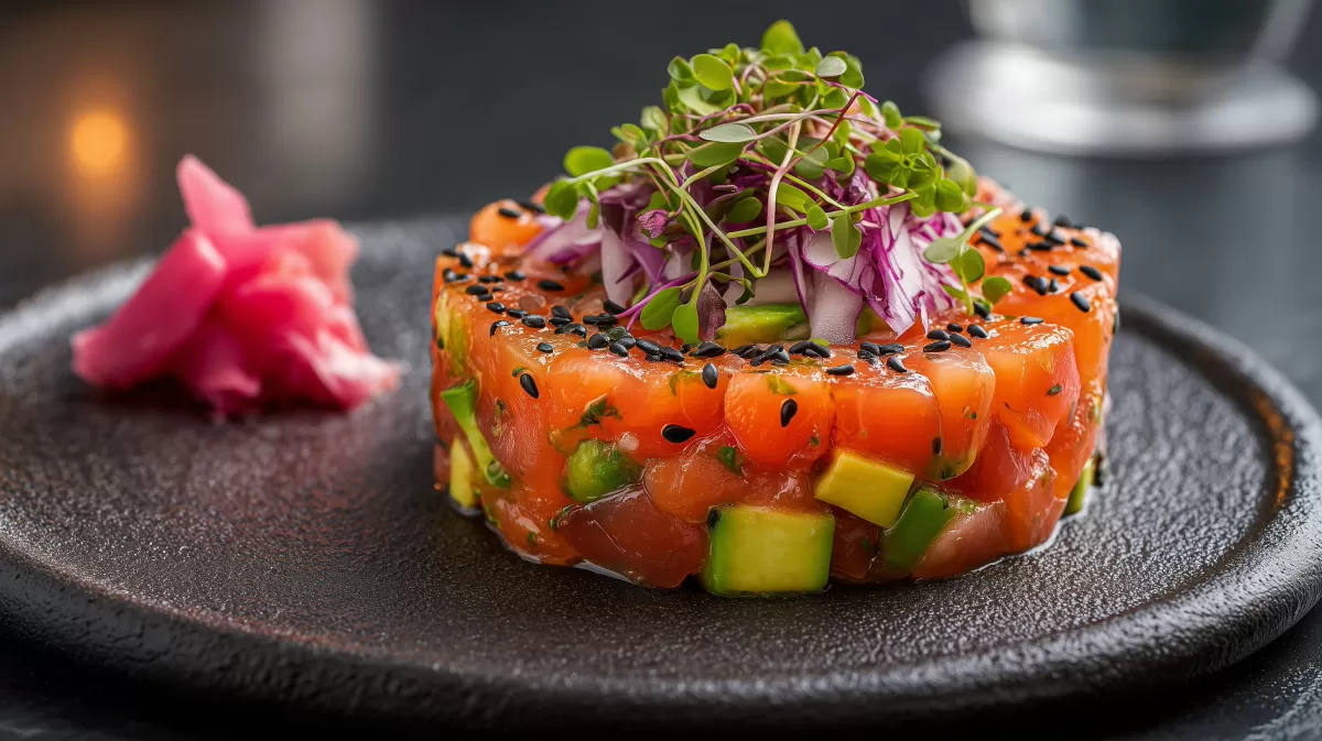 Wasabi Lachs Tatar mit Avocado und Microgreens