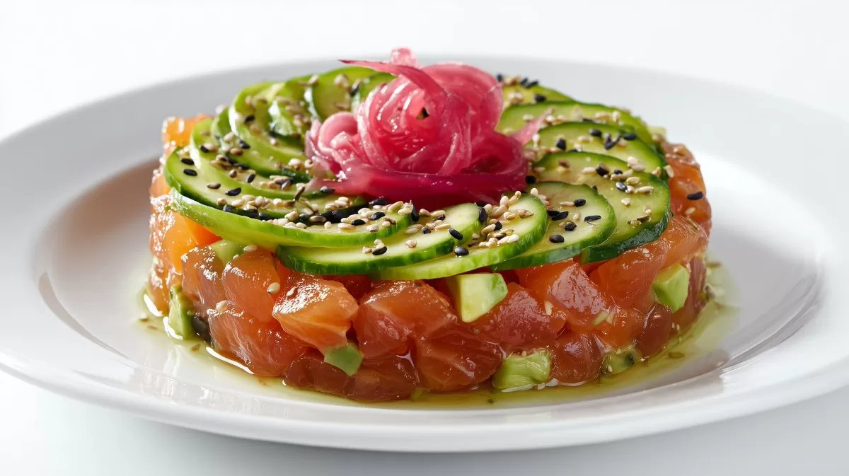 Wasabi Lachs Tatar mit Gurke und Sesam