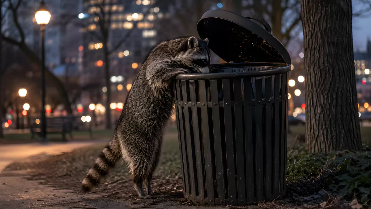 Waschbär durchwühlt Mülleimer im Stadtpark bei Nacht