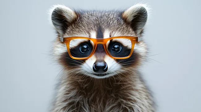 Waschbär mit orangefarbener Brille vor grauem Hintergrund
