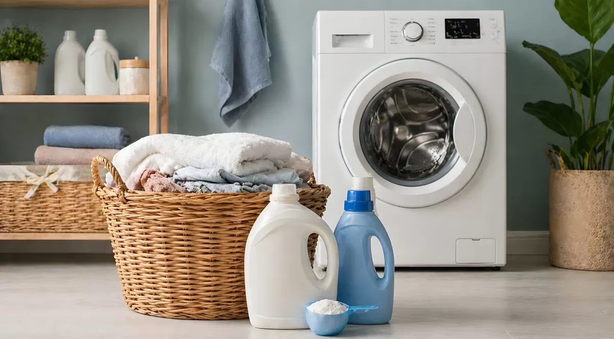 Waschküche mit Waschmittel, Wäschekorb und Waschmaschine