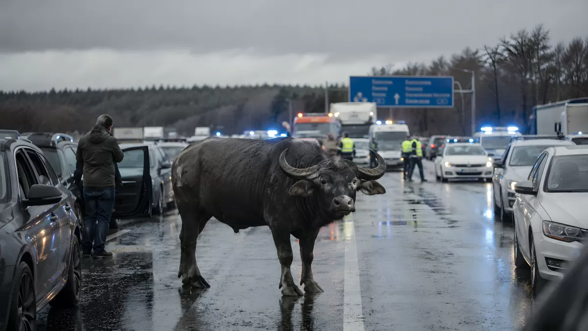 Wasserbüffel stoppt Verkehr auf nasser Autobahn