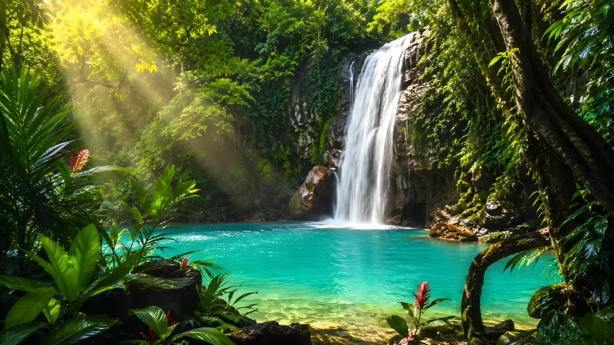 Wasserfall in tropischem Regenwald mit türkisem Becken