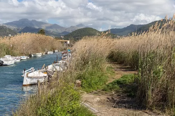 Wasserkanal mit vielen kleinen Booten in Puerto de Andraitx, Mallorca