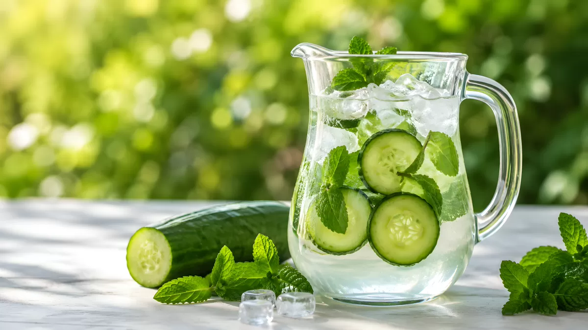 Wasserkrug mit Gurke und Minze auf weißem Tisch