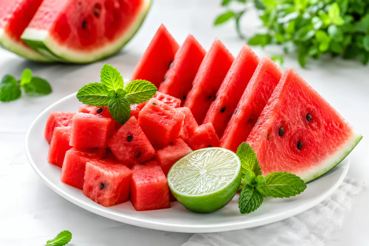 Wassermelone in Scheiben und Würfeln mit Limette