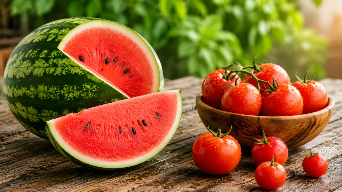Wassermelone und Tomaten auf rustikalem Holztisch