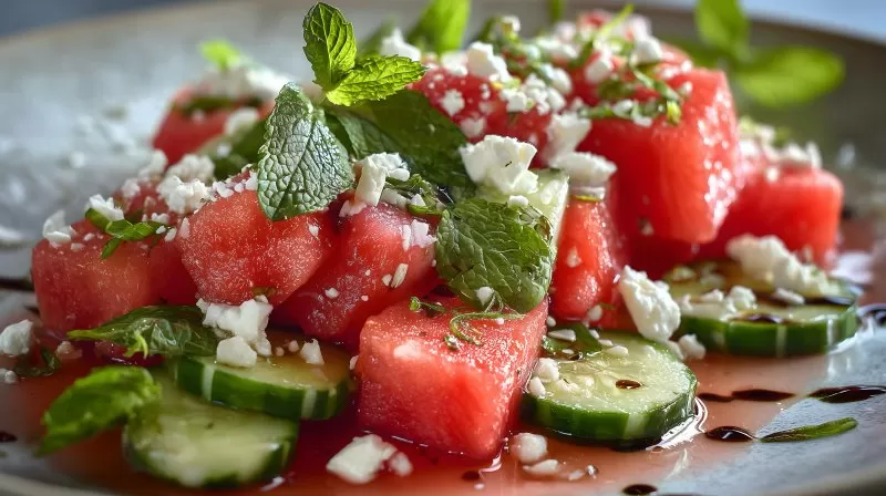Wassermelonen-Gurkensalat mit Minze und Feta auf Teller