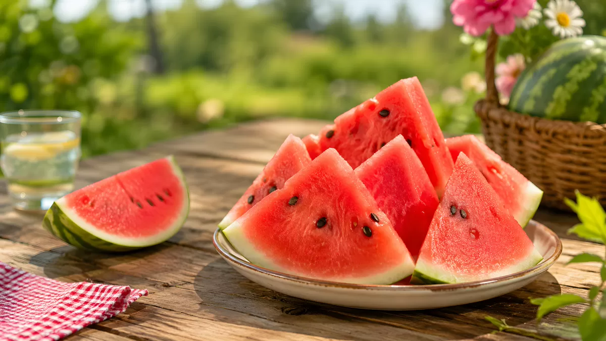 Wassermelonenscheiben auf Holztisch im Sommer