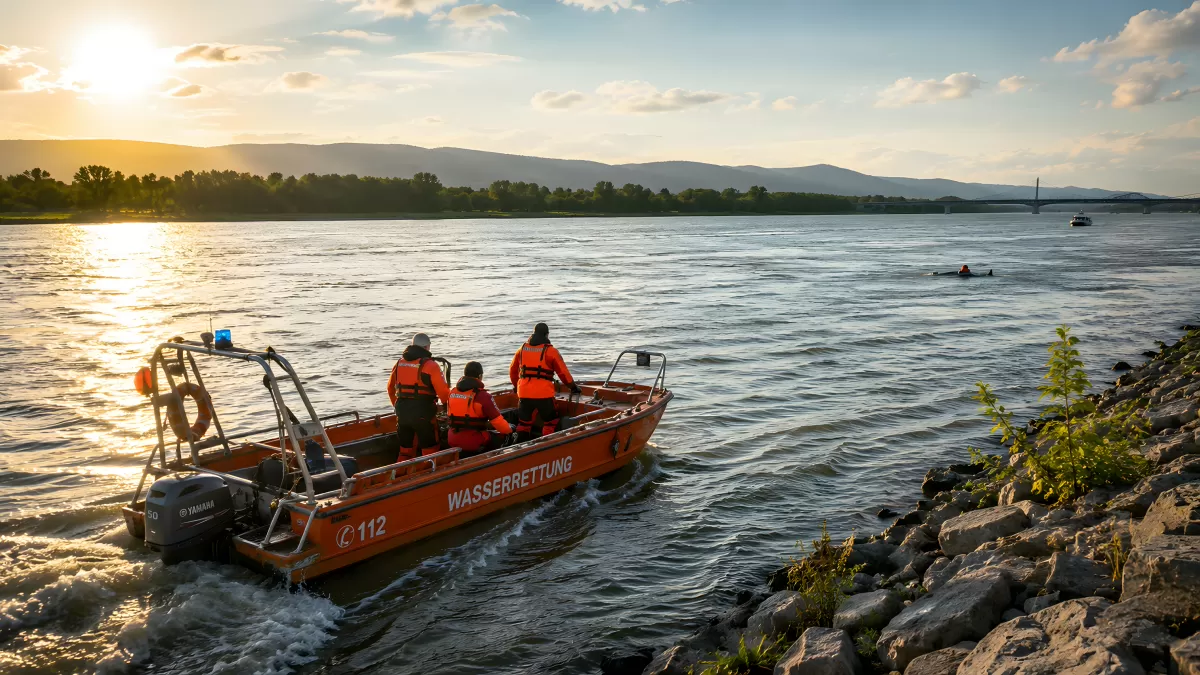 Wasserrettungsboot bei Einsatz auf dem Rhein im Abendlicht