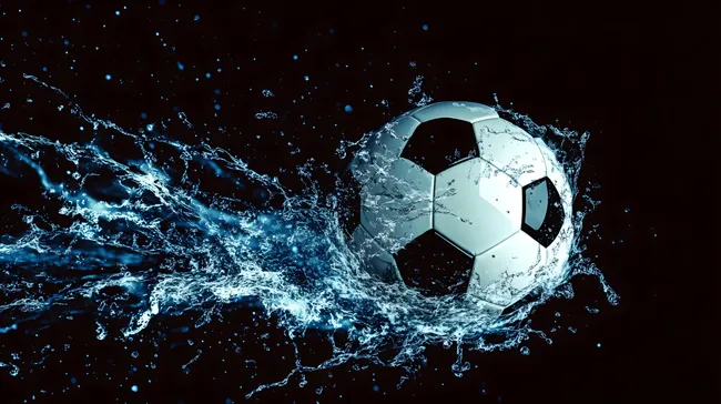 Wasserspritzendes Fußball-Motiv auf schwarzem Hintergrund
