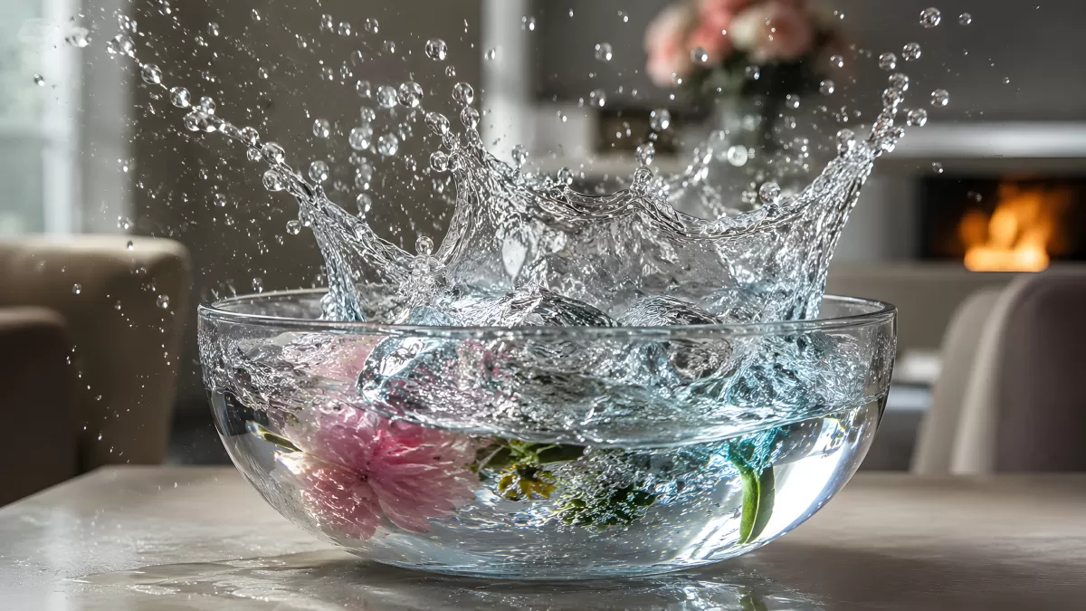 Wasserspritzer in Glasschüssel mit bunten Blüten