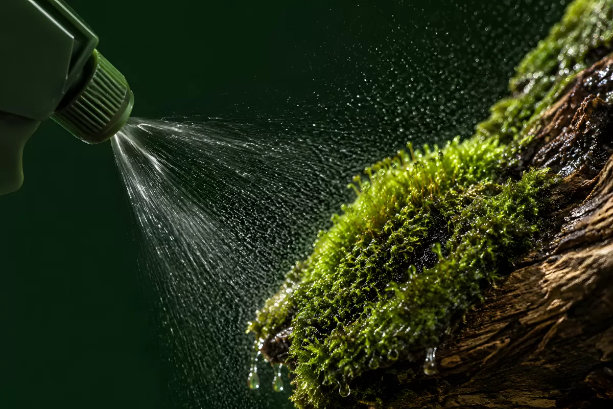 Wassersprüher befeuchtet grünes Moos auf Holz