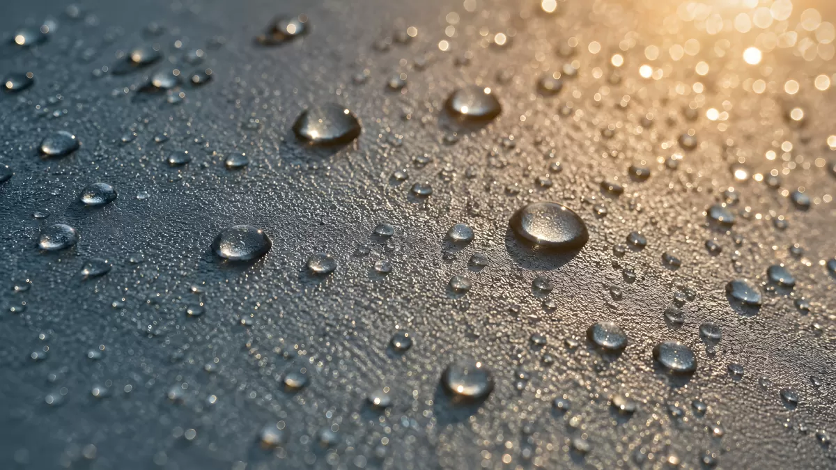 Wassertropfen auf dunkler Metalloberfläche im Gegenlicht
