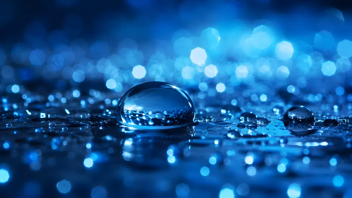 Wassertropfen auf nasser Oberfläche im blauen Licht