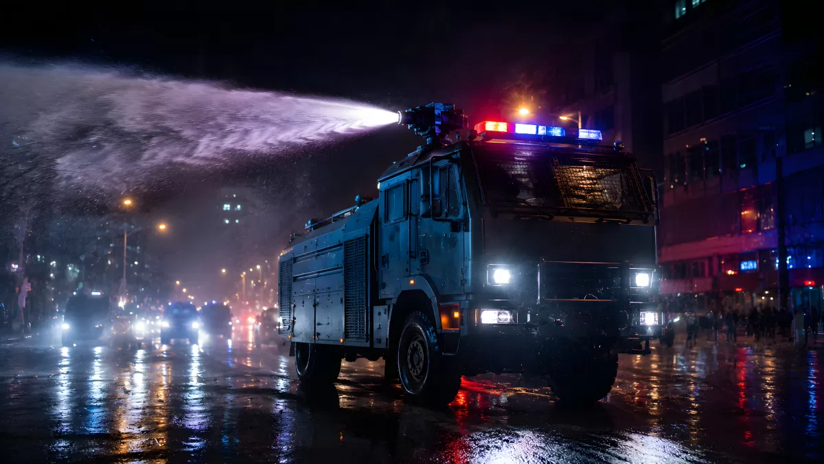 Wasserwerfer der Polizei im Einsatz bei Nacht