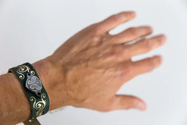 Wearing a green-golden Festivalbracelet around the arm, to get into the Electromusic Festival Tomorrowland 2019