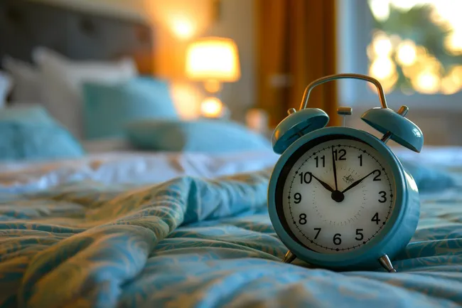 Wecker in gemütlichem Schlafzimmer