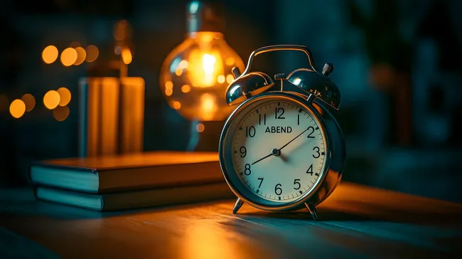 Wecker mit dem Wort 'Abend' auf dem Nachttisch