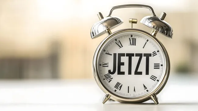 Wecker mit deutscher Aufschrift 'Jetzt' im Fokus