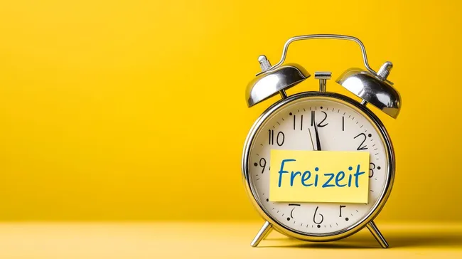 Wecker mit 'Freizeit'-Notiz auf gelbem Hintergrund