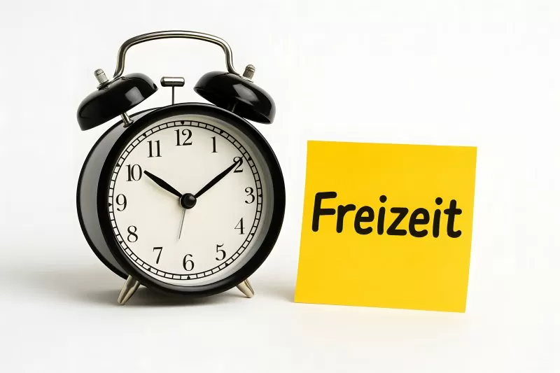 Wecker mit gelbem Schild Freizeit in schwarzer Schrift