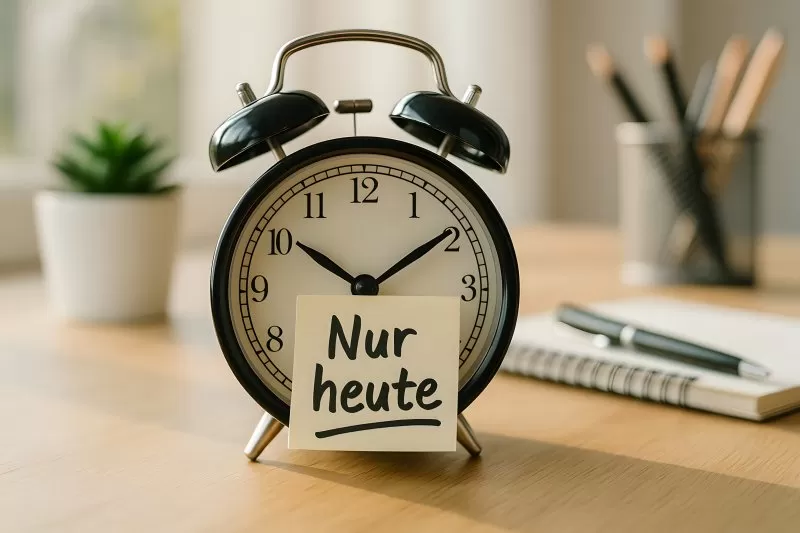 Wecker mit Notiz Nur heute als zeitlich begrenzte Aktion