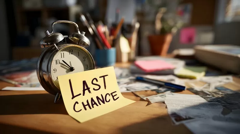 Wecker mit Zettel Last Chance auf chaotischem Schreibtisch