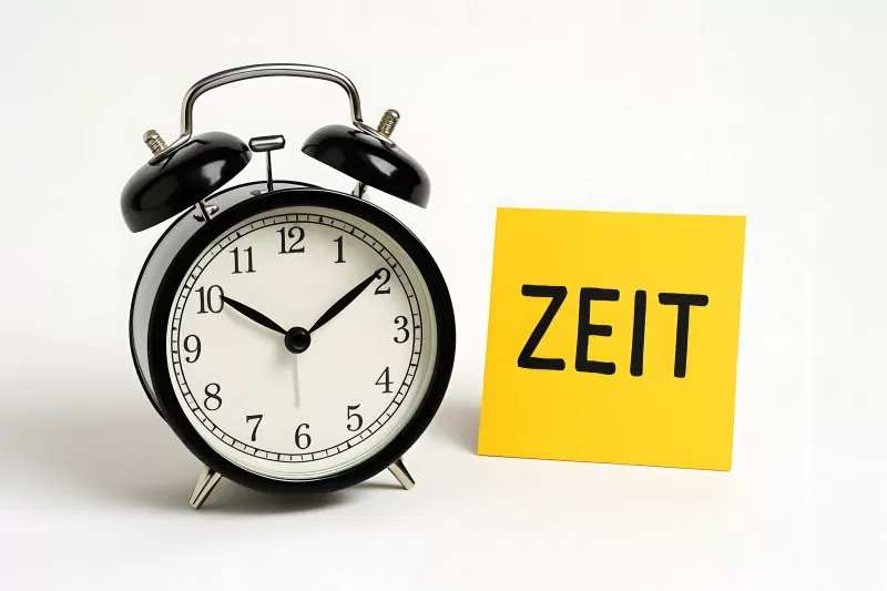 Wecker neben gelbem Schild mit dem Wort Zeit