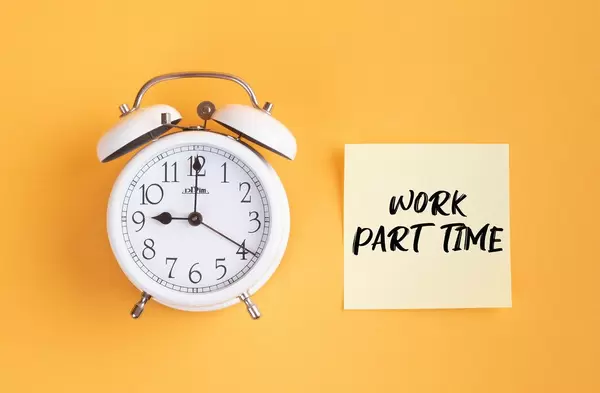 Wecker und ein Zettel mit ‘Work part time’ Text vor gelbem Hintergrund