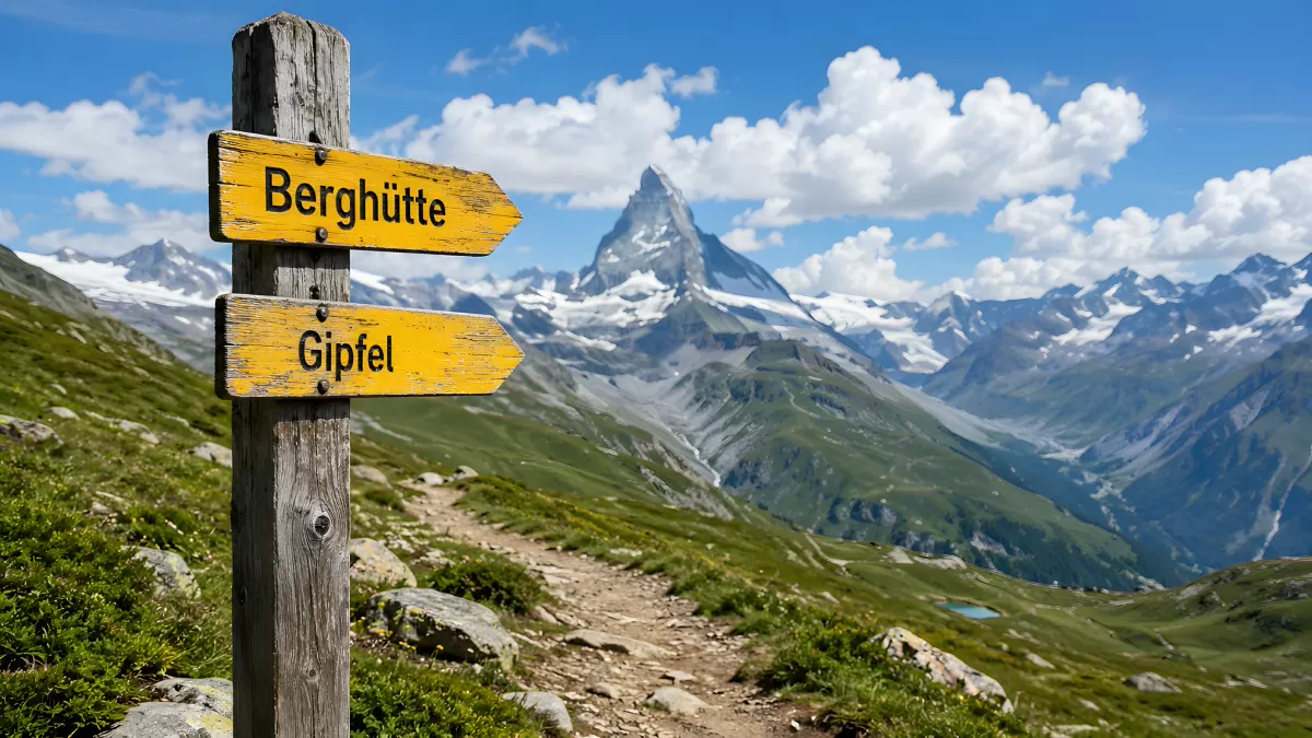 Wegweiser mit Berghütte und Gipfel in den Alpen — Bild kostenlos herunterladen