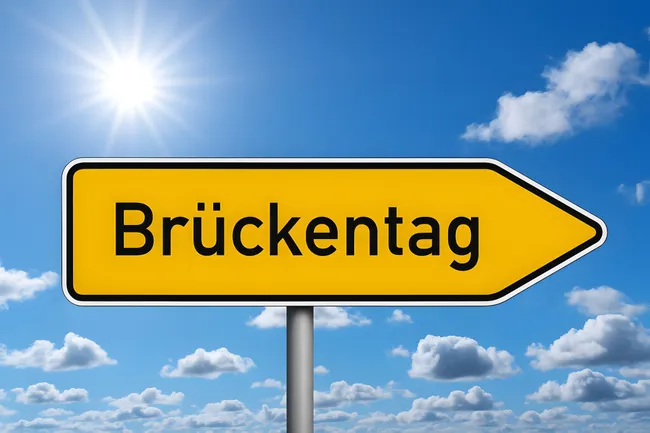 Wegweiser zum Brückentag an sonnigem Himmel