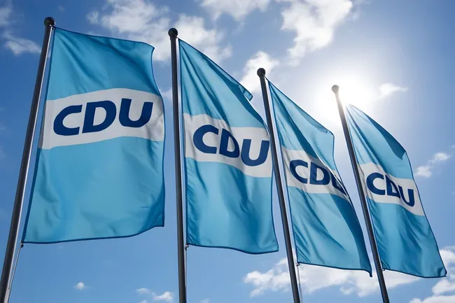Wehende CDU-Parteifahnen im Sonnenlicht