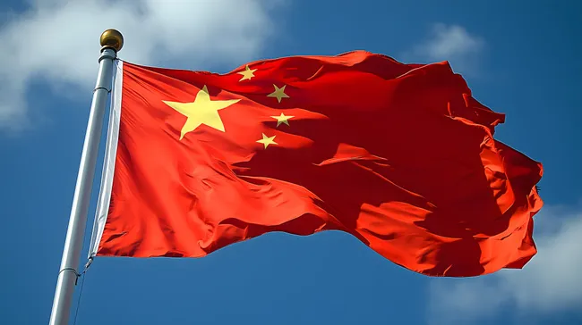 Wehende chinesische Nationalflagge vor blauem Himmel